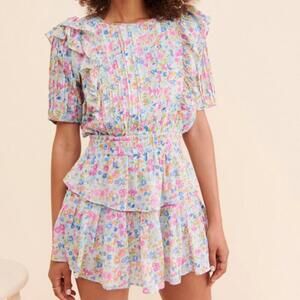 LoveShackFancy Natasha Blue Ditsy Floral Tiered Mini Dress Size M